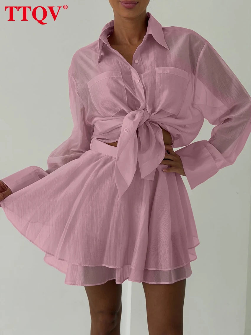 Elegant Long Sleeve Blouse and Pleated Mini Skirt Set for Women