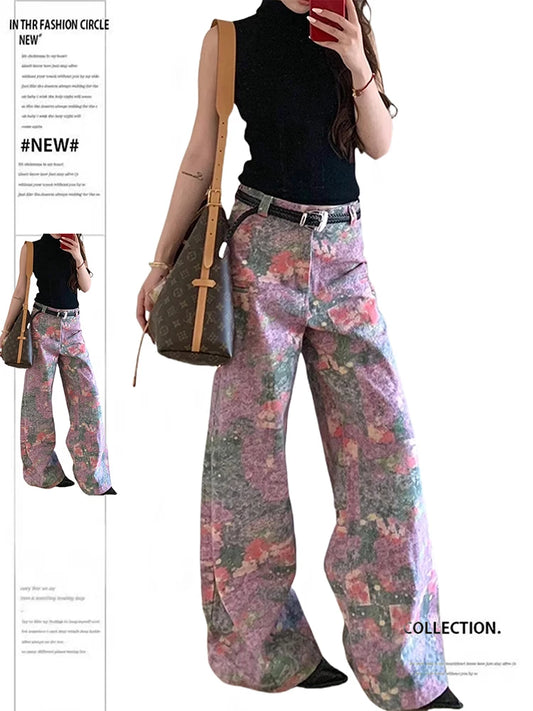 Women Printing Vintage Baggy Jean Design Korean Fashion Chic Shoujo Grunge Japanese Y2K Harajuku Denim Pants 2000s High Street