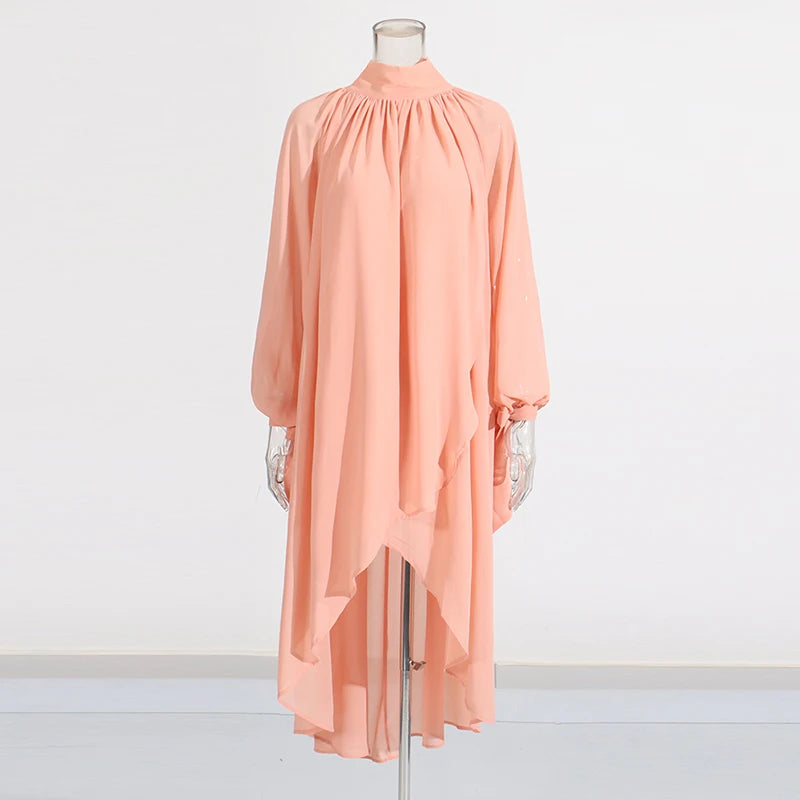 TWOTWINSTYLE Solid Loose Sheer Spliced Folds Fashion Blouses for Women High Neck Long Sleeves Irregular Blouse Female Clothing