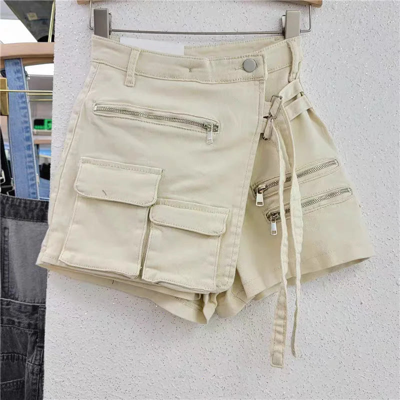 Irregular multi-pocket tooling A-word shorts women's loose wide-leg pants 2024 summer strap-on denim skirt pants
