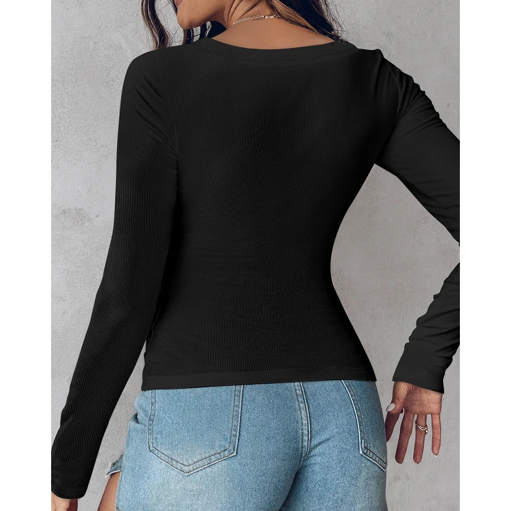 Autumn Spring Women U-Neck Built-in Bra Long Sleeve Ribbed Top Femme Skinny Casual Basic Easy Matching T-Shirts