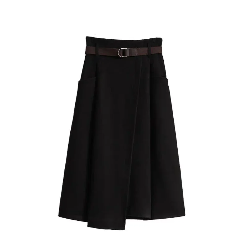 High Waisted Black Wool Midi Skirt With Pockets for Women