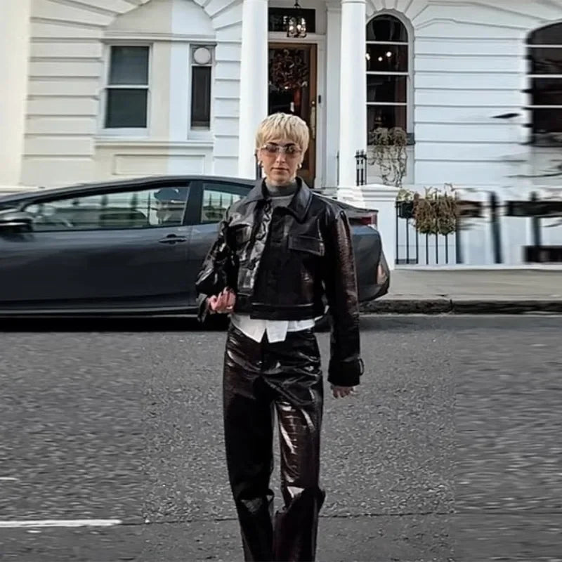 PU Leather Turn-Down Collar Jacket and Pants Set for Women