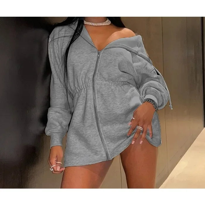Hooded Short Dress for Women Summer and Fall 2025 New Casual Sexy High Waisted Zipper Short Dresses Solid Long Sleeved Dress