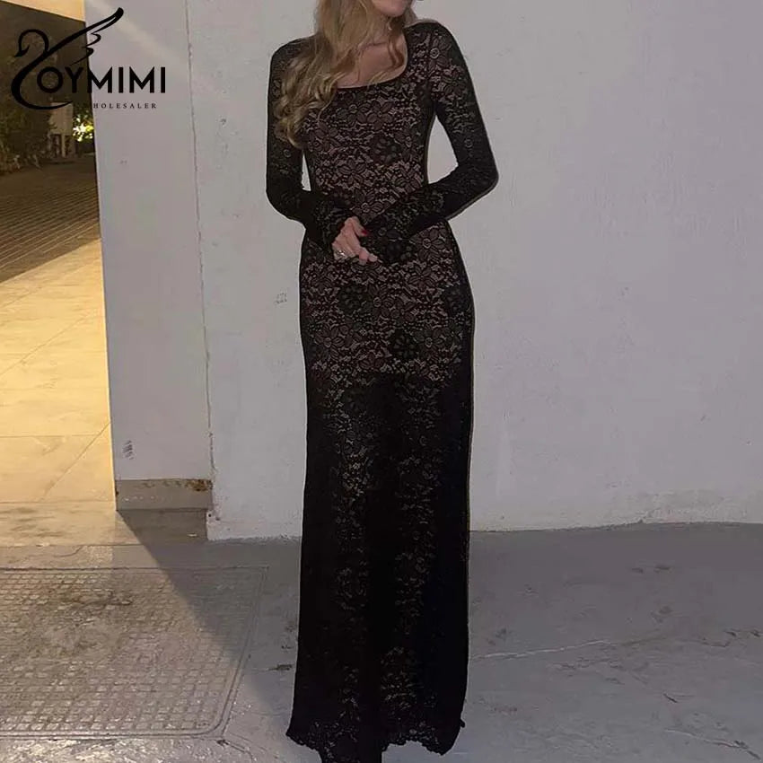 Oymimi Sexy White Lace Women's Dress Summer New Slim Square Neck Long Sleeve Dresses Fashion Straight Floor-Length Dress Female