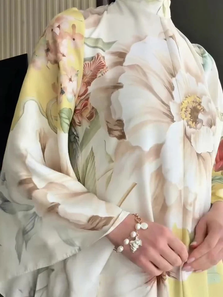 Elegant Print Dress with Stand Collar and Flare Sleeves for Women