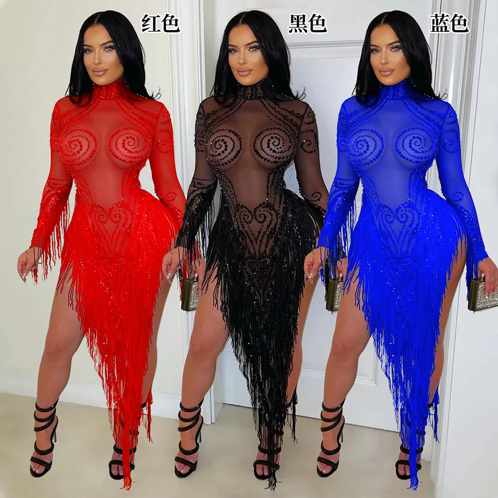 Rhinestone Mesh Tassel Bodycon Mini Dress for Women