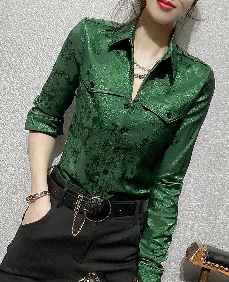 Female Tops Spring and Autumn Full Long Sleeve Women's Shirt Blouse Office Outfits Wear To Work Button Up Formal Loose Green Xl