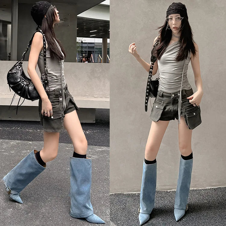Design Women Metal High Heel Pointed Toe Belt Buckle Knee High Boots Sexy Women Pointy Gold Belt Buckle Knee Boots Plus Size 46