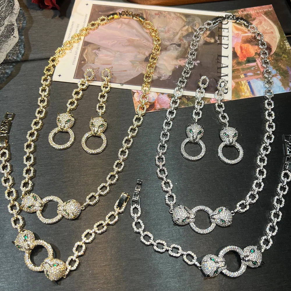 Leopard Zircon Earrings Necklace And Bracelet Set for Women