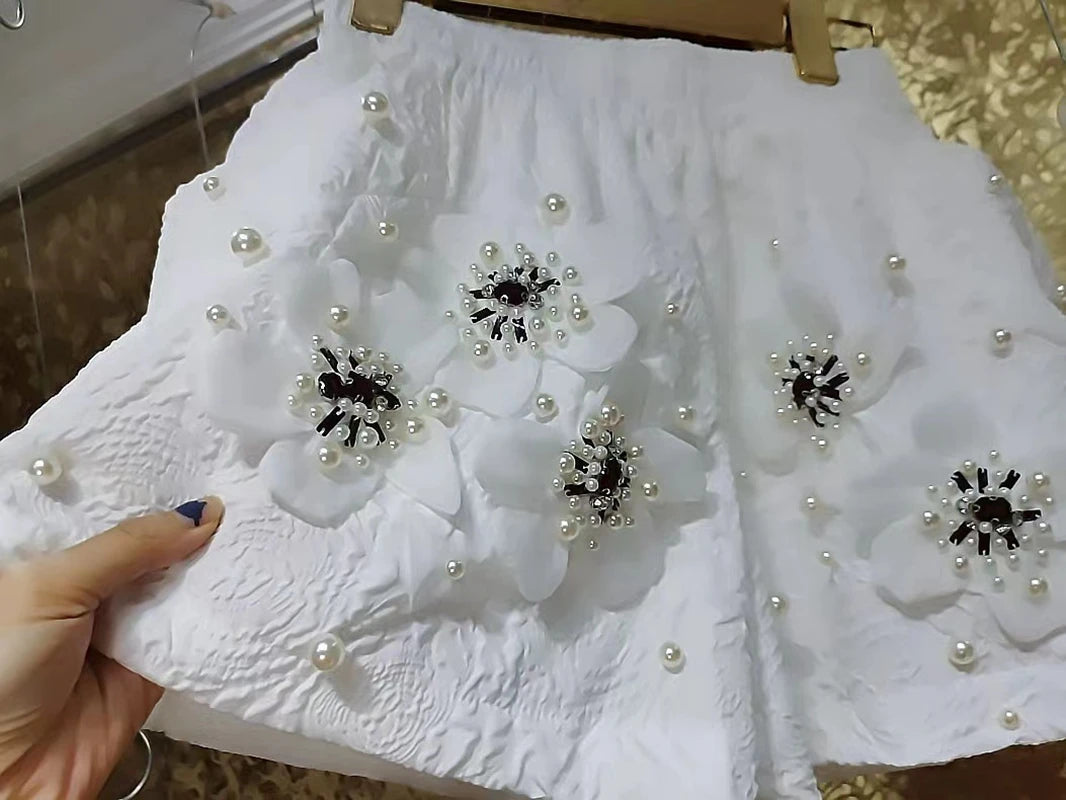 Pearl Beaded Three Dimensional Floral Embroidered Wide Leg Shorts for Women