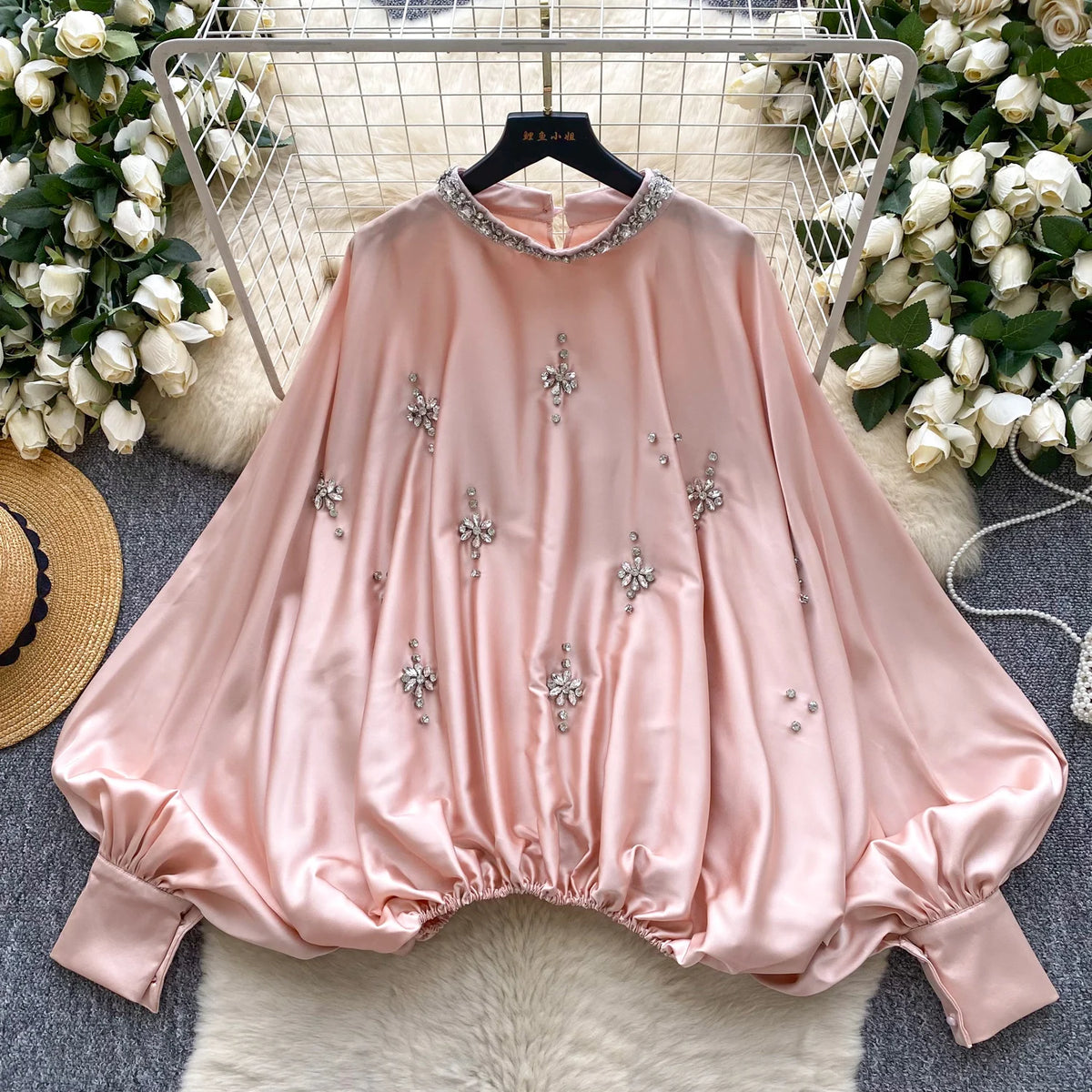 Elegant Beaded Satin Batwing Sleeve Blouse for Women