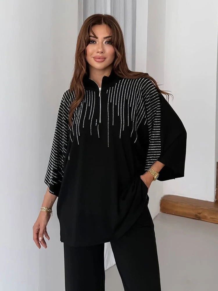 Elegant Casual Sequin Two Piece Top And Pants Set For Women