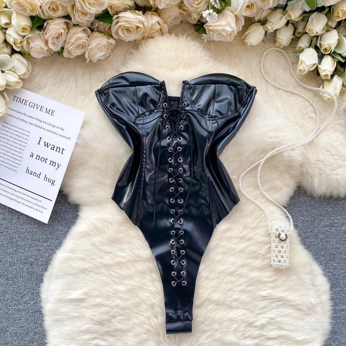 Strapless PU Leather Lace-Up Backless Bodysuit for Women