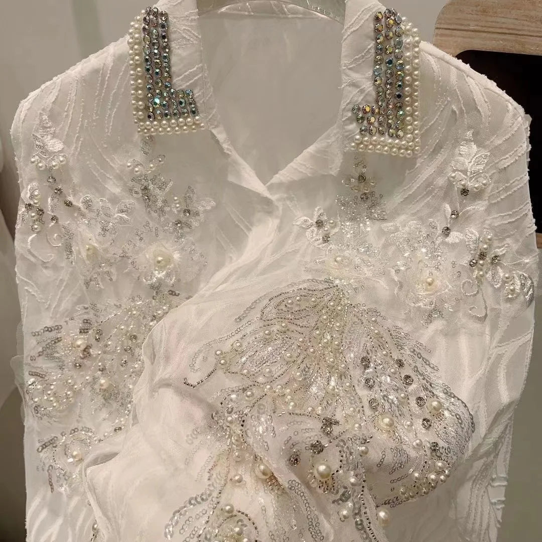 Sequined Embroidery Chiffon Long Sleeve Blouse for Women