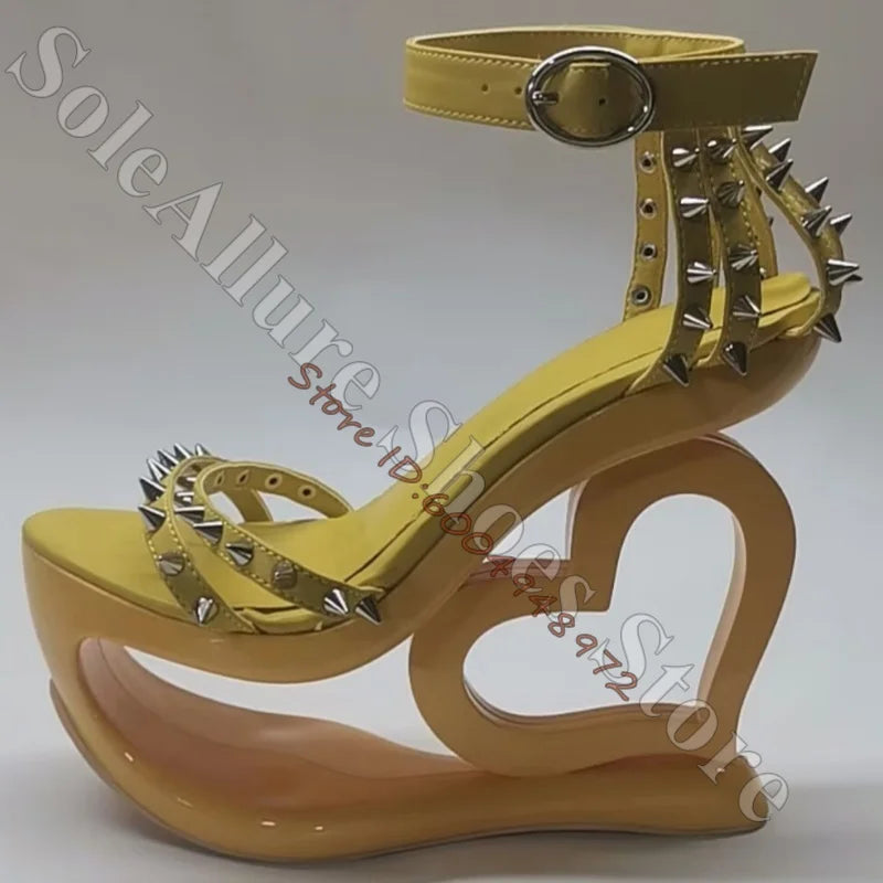 Glossy Patent Leather Spiked Heart Cage Wedge Sandals For Women