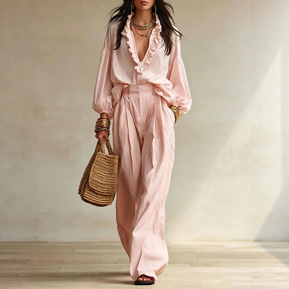 Vintage Ruffle V Neck Pleated Wide Leg Pants Set for Women