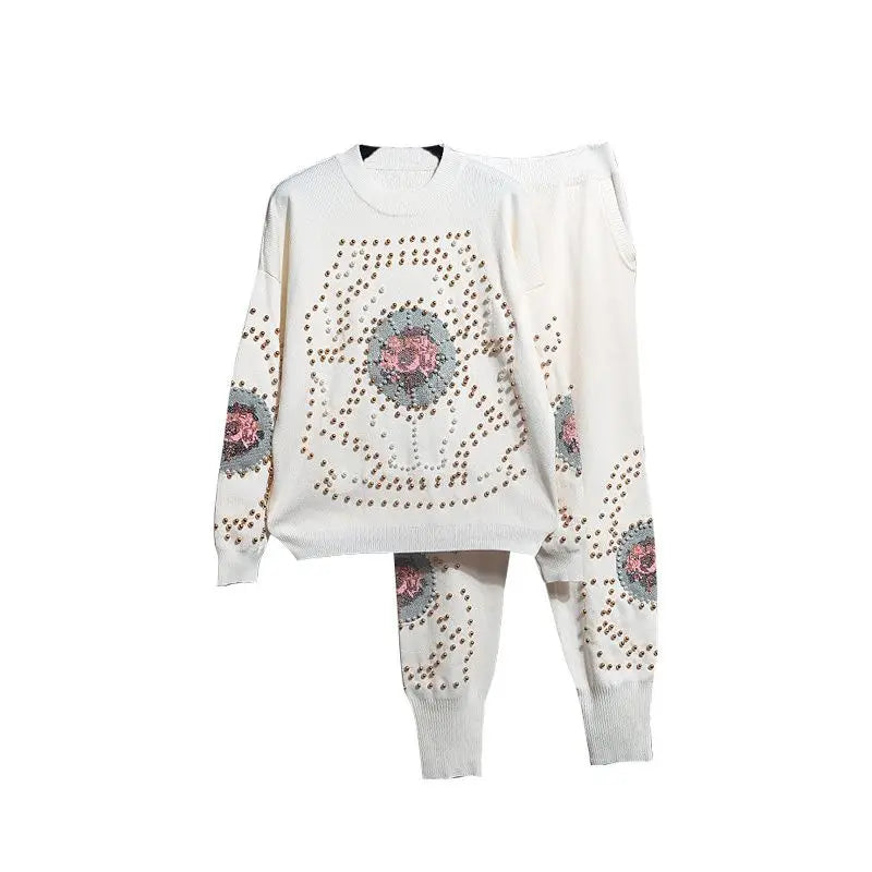 Spring Autumn Women Knitting Suits Trendy Beading Cross Stitch Pullover Sweater Top + Loose Casual Harem Pants White Knit Sets