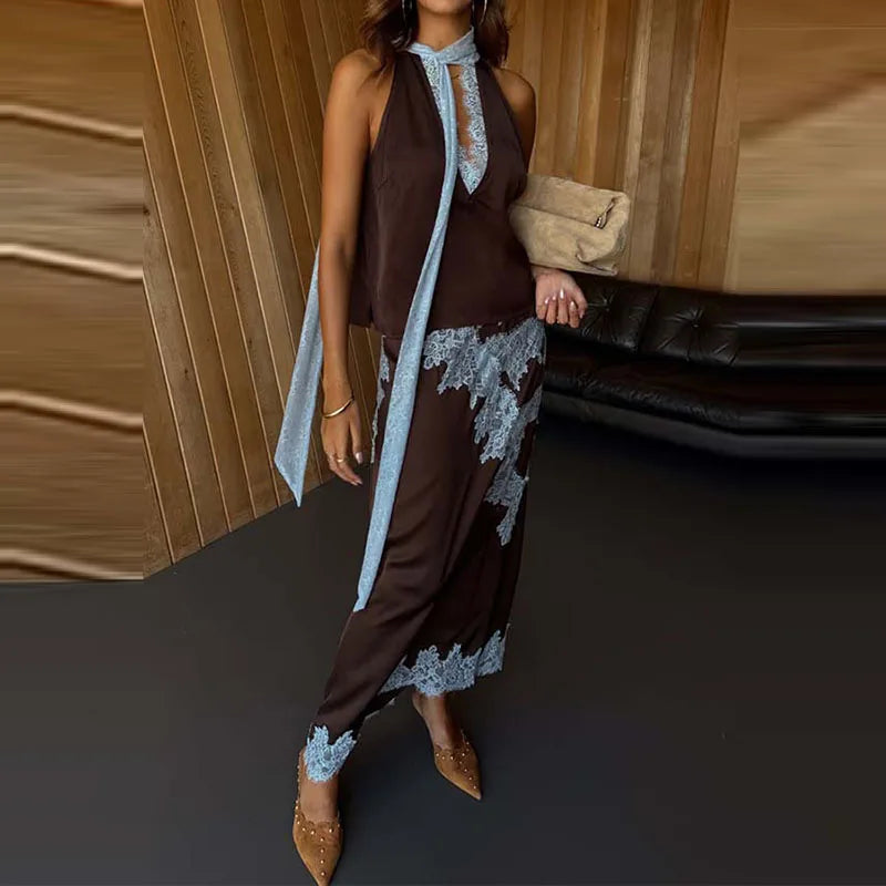Lace Patch Satin Halter Two Piece Set