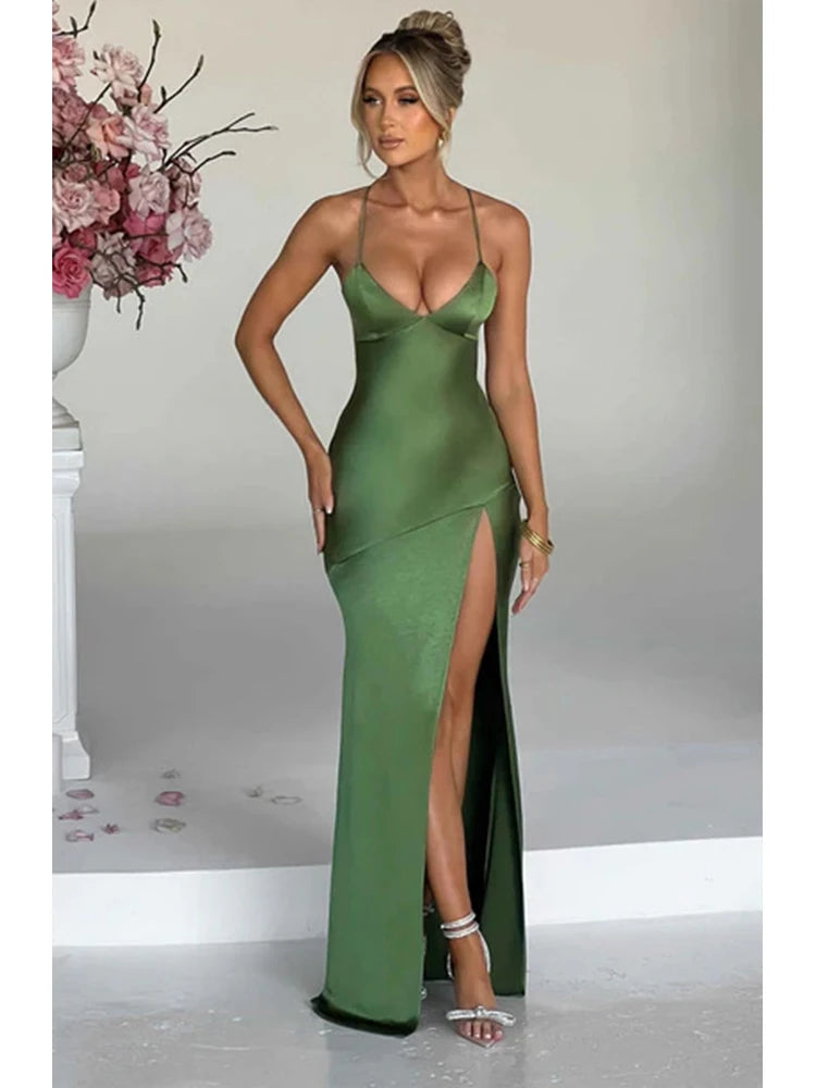 Elegant Backless Satin Maxi Dress With Lace Up For Women