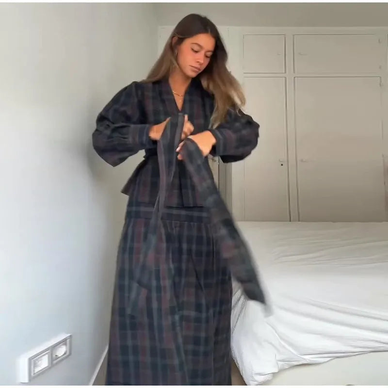 Vintage Plaid Women's Skirt Set V-neck Puff Sleeve Waist Belt Cinched Floor-length Skirt Suit Woman 2026 Spring Evening Outfits