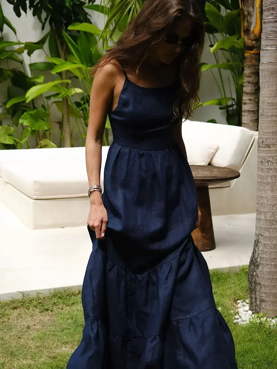 Loose Backless A Line Cotton Beach Maxi Dress for Women