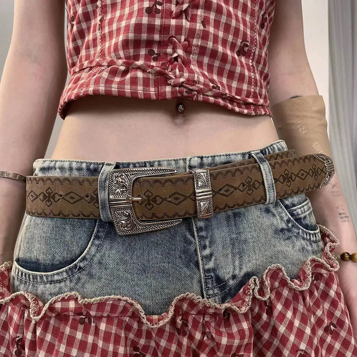 ANJY Spring Summer New Women Fashion Vintage Plaid Patchwork Denim Multi-layered Skirt Sweet Drawstring Short Sleeve Tops A24530