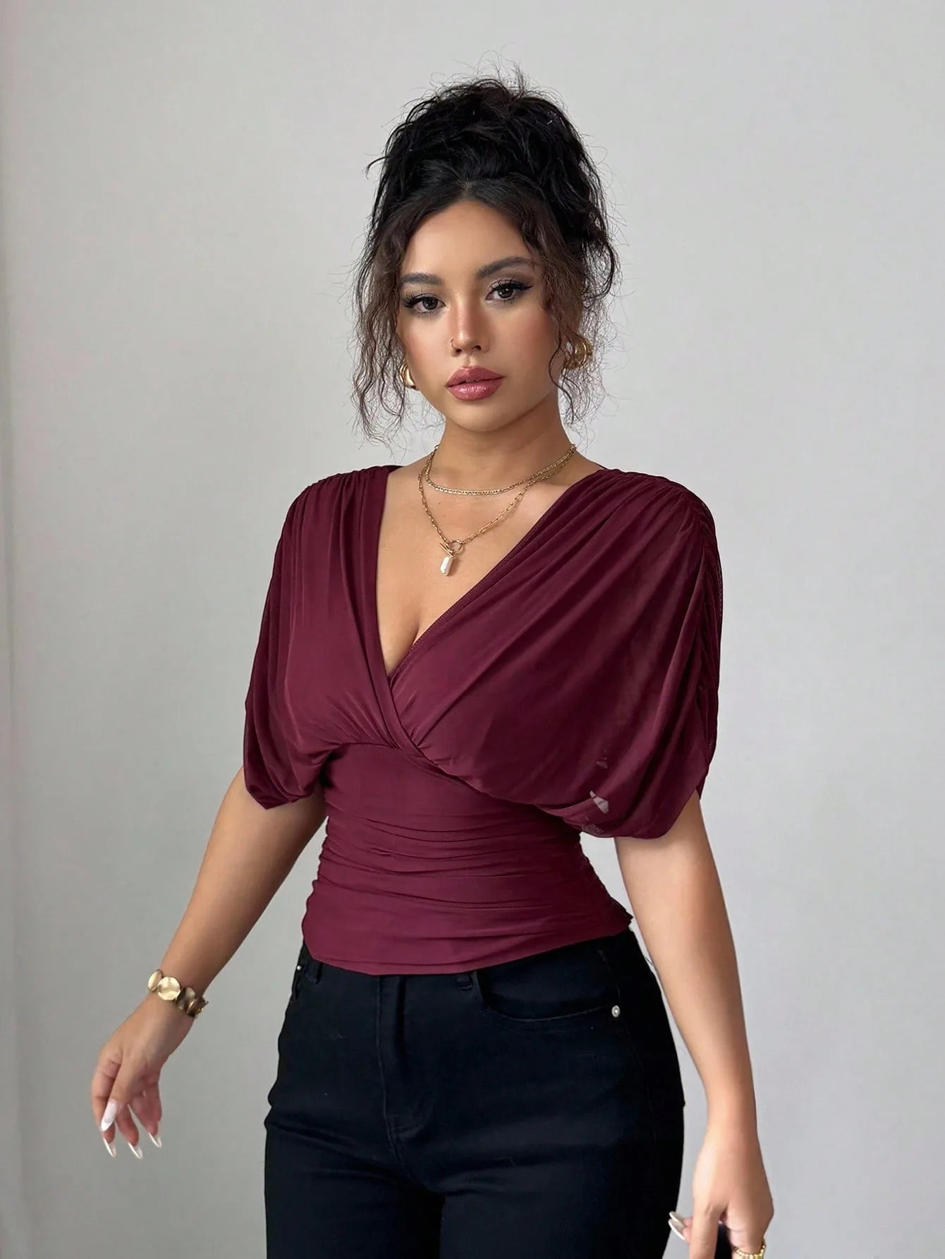 Elegant Deep V Neck Flutter Sleeve Waist Cinching Top for Women