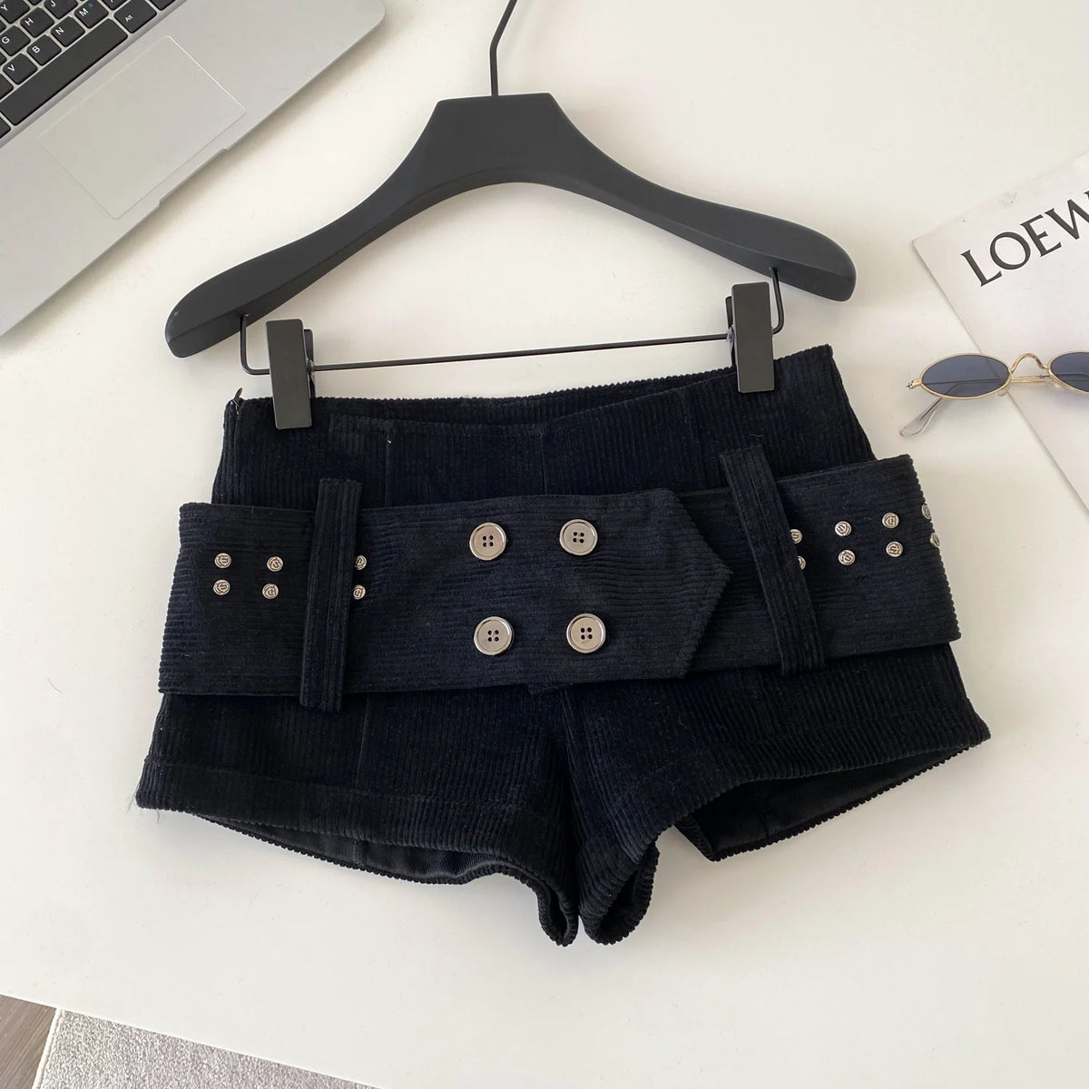 Retro Corduroy Button Detail Low Waist Shorts for Women