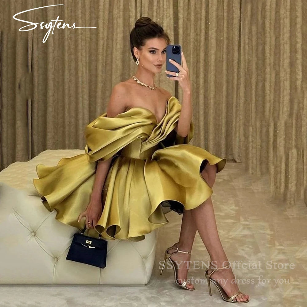 Golden Satin Draped Ruched Short Prom Dress for Women