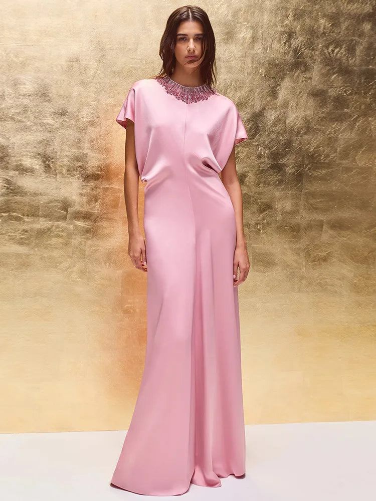 HIGH STREET Newest 2026 Designer Vestido Women's Stunning Duty Beaded Rhinestone Accented  Gown With Bat Sleeves