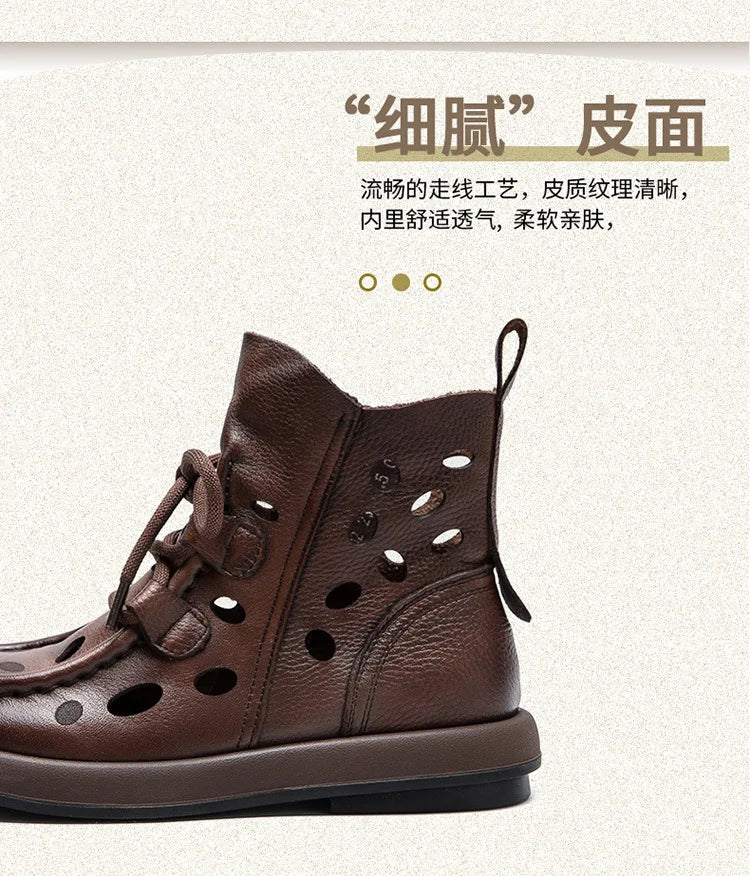 Breathable Hollow-Out Genuine Leather Ankle Boots for Women