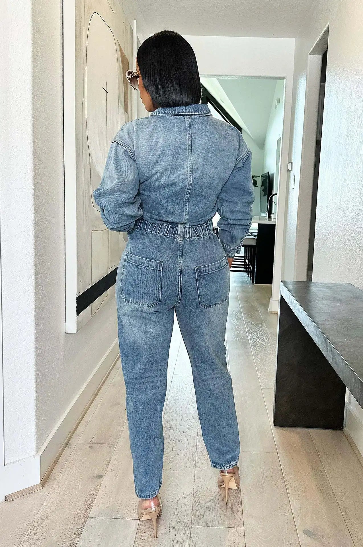 Elegant Turn Down Collar Straight Denim Jumpsuit For Women