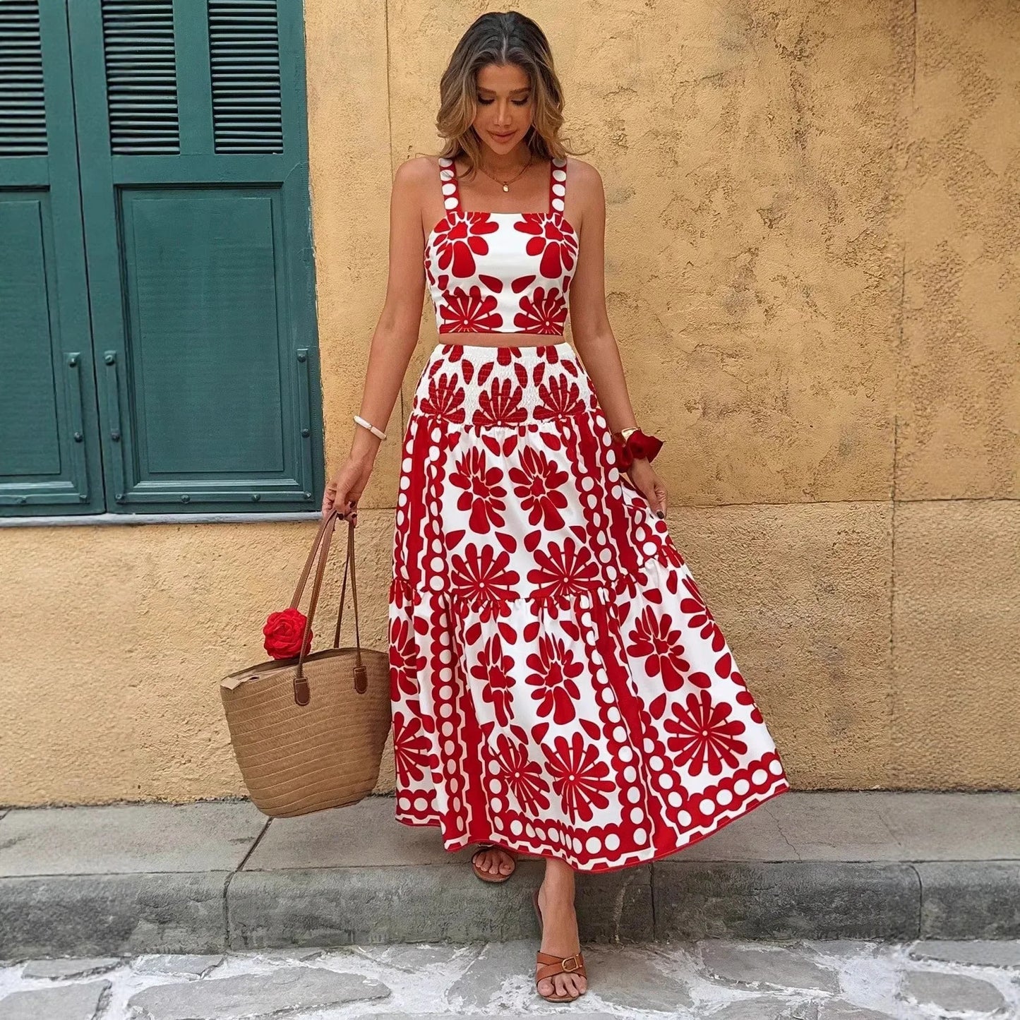 Boho Backless Vintage Print Cami Top And Maxi Skirt Set for Women