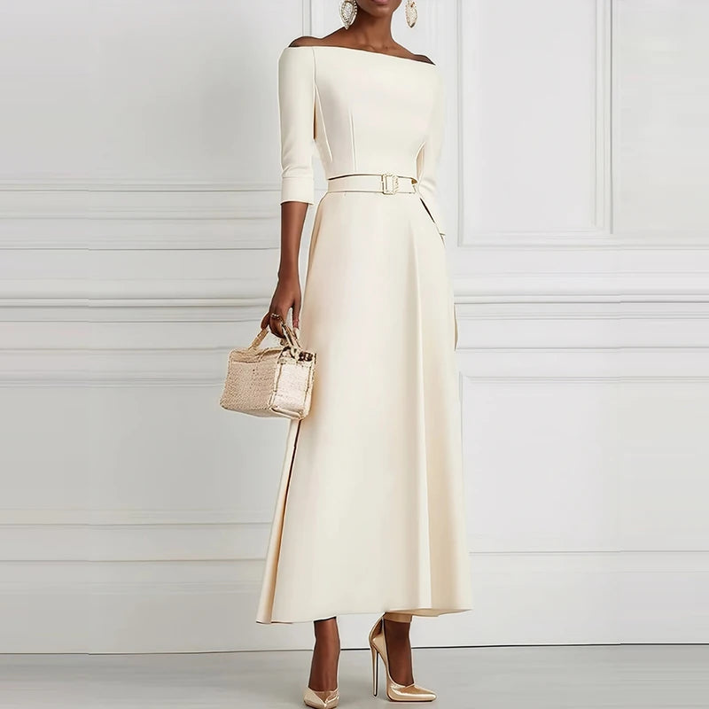 Women Sexy Off Shoulder Half Sleeve Party Dress Elegant Temperament Waist Solid Long Dress Fashion Draped Belt Tie-Up Maxi Dress