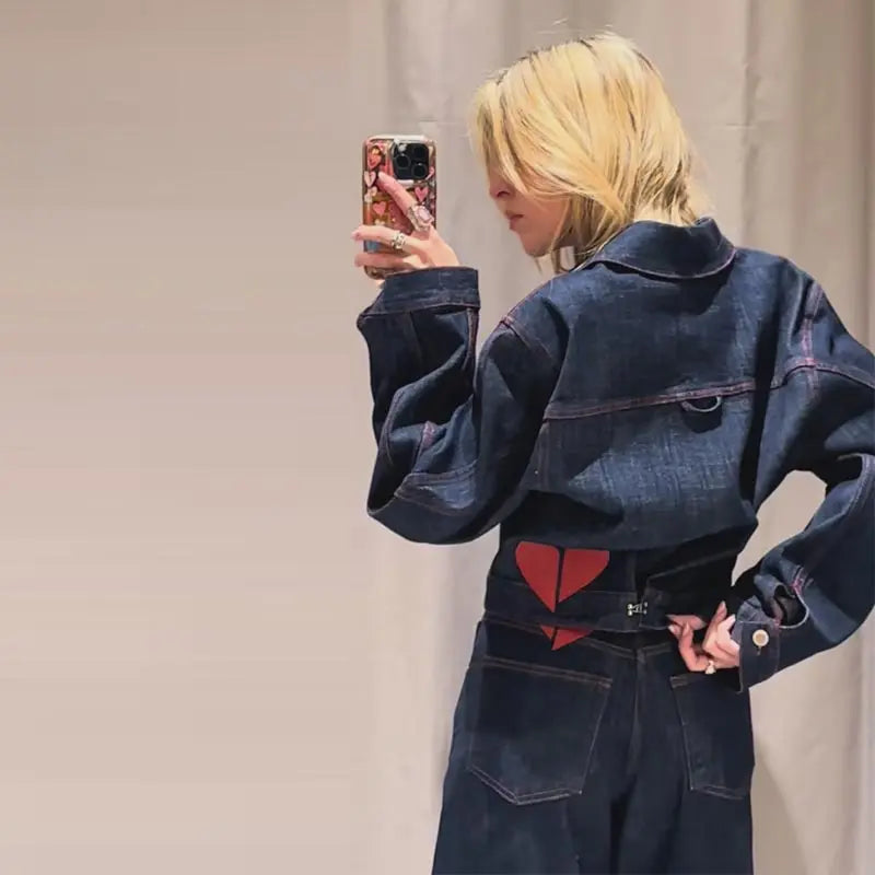 Chic Heart Print Denim Coat and Pants Set for Women