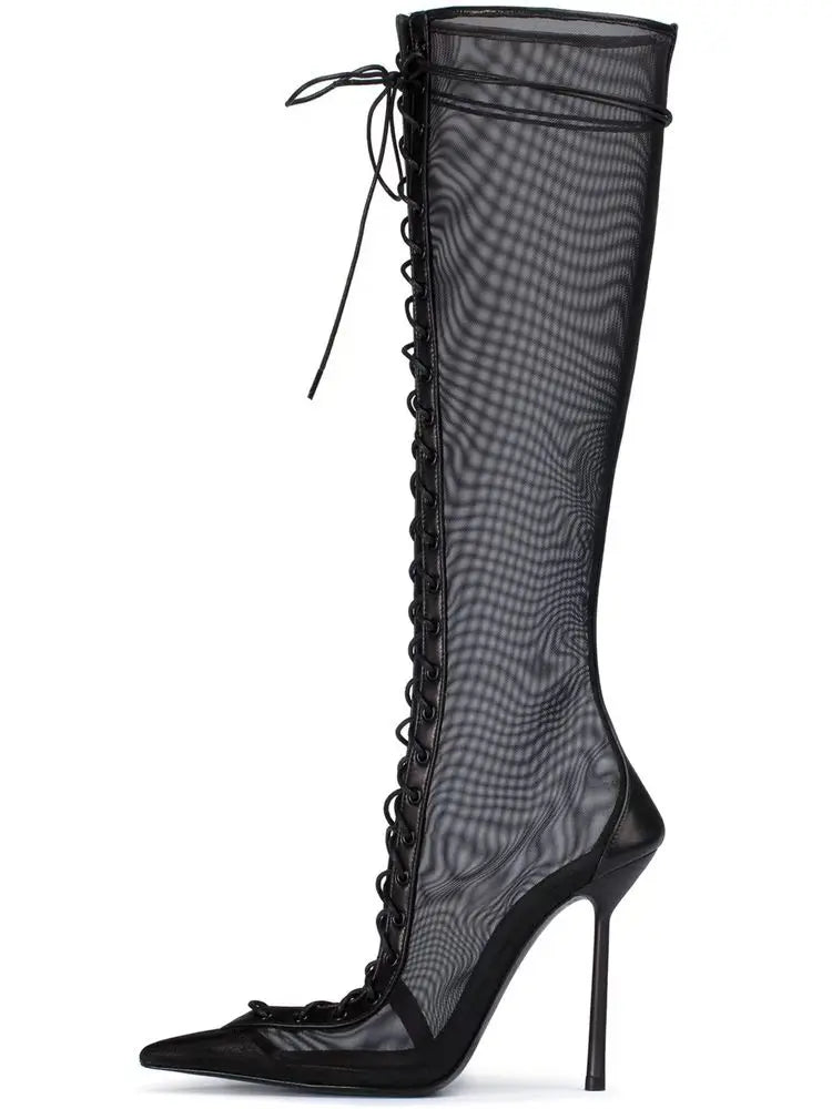 Lace Up Knee High Heeled Boots With Side Zipper for Women