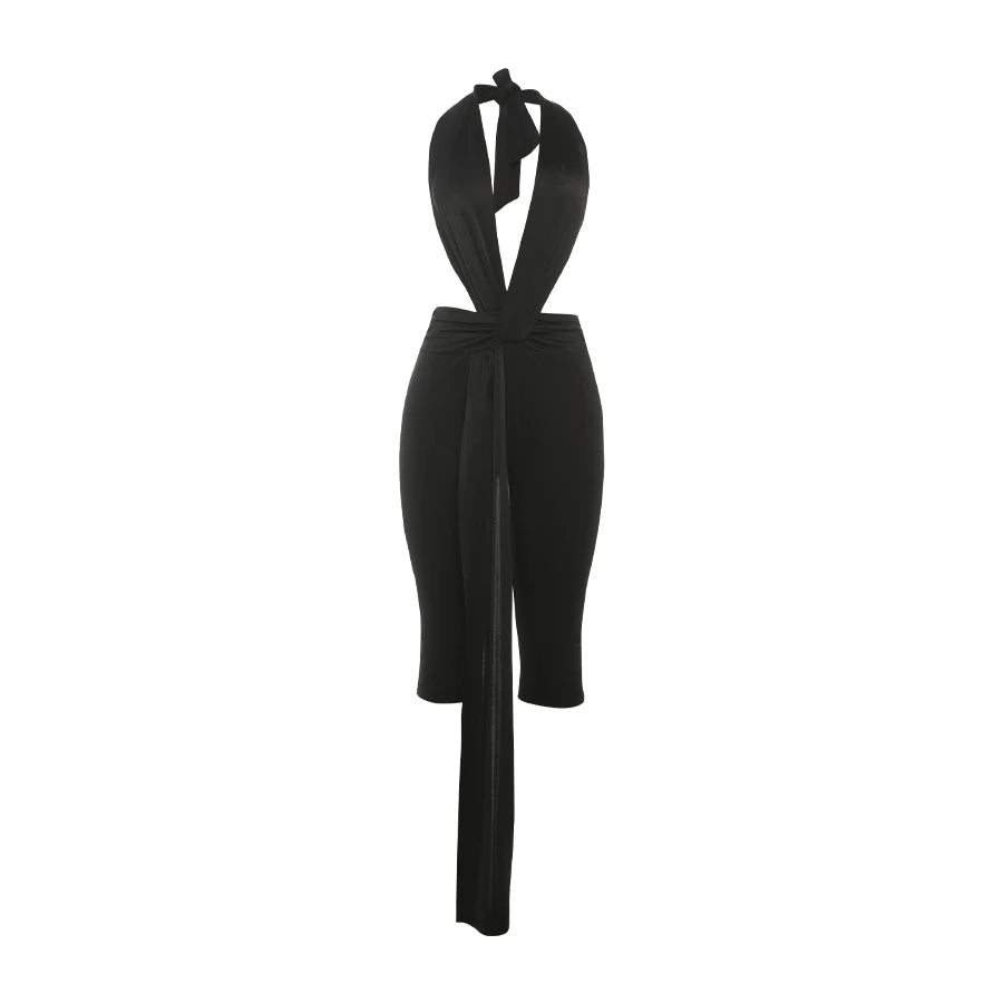 Weird Puss Patchwork Halter Romper Women Ribbon Sleeveless Elastic Backless Workout Activewear Midnight Activity Slim Playsuits