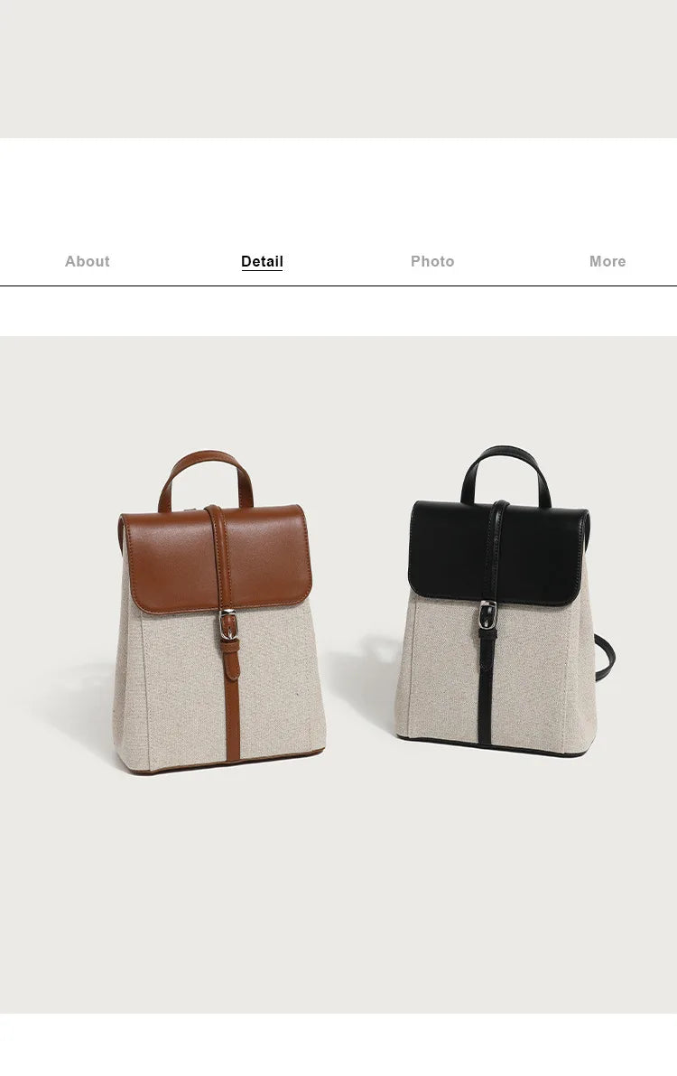 Summer new casual vacation style cowhide spelling linen shoulder bag French loose sense of backpack large capacity schoolbag