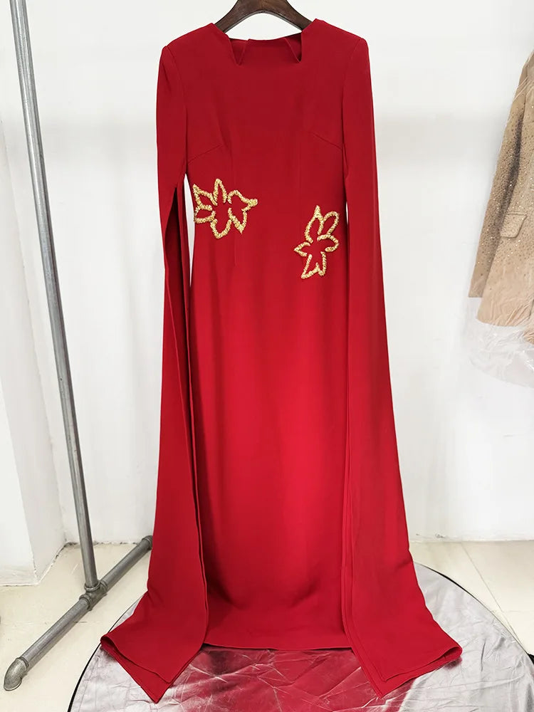 HIGH STREET Newest 2026 Designer Vestido Women's Diamonds Beaded  Cape Sleeve Floor Length Maxi Long Dress