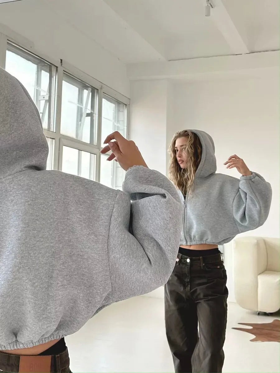 Cropped Zipper Hooded Sweatshirt Jacket With Long Sleeves for Women