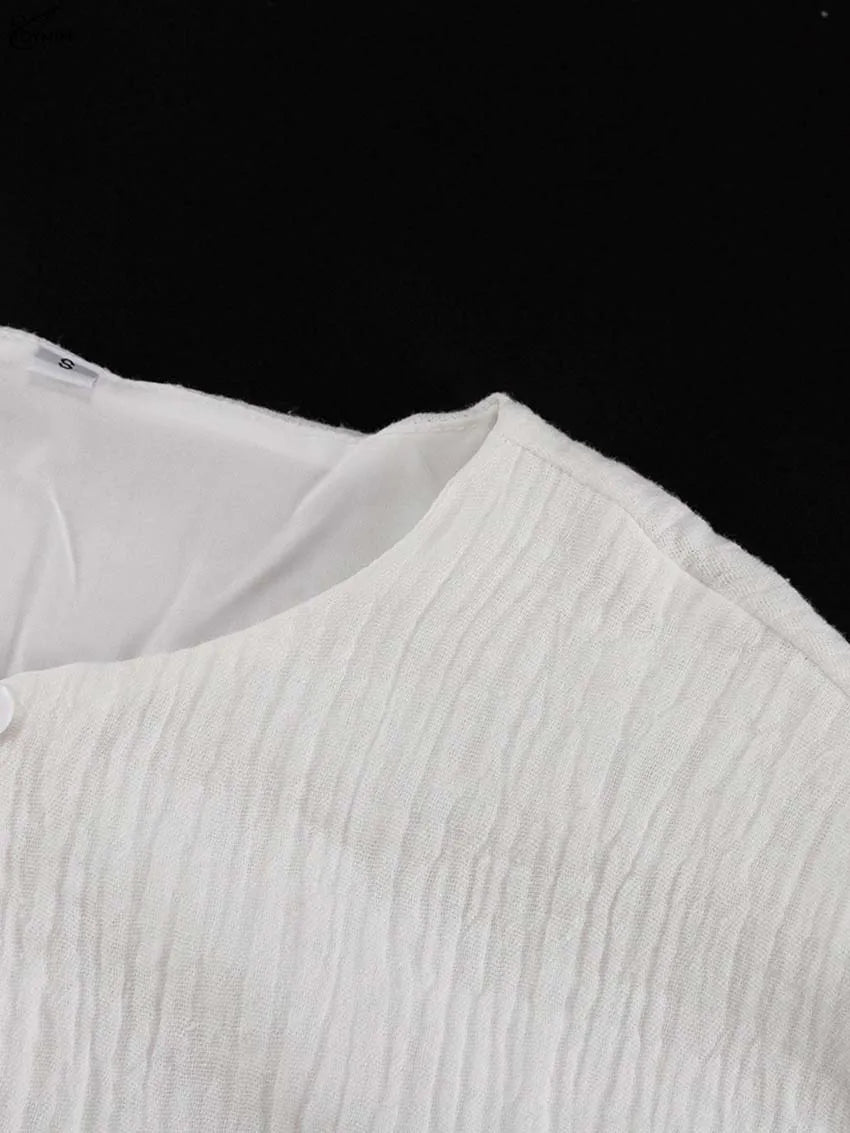 Oymimi Elegant Beige Cotton Womens Dresses Fashion V-Neck Long Sleeve Lace-Up Dresses Casual Loose Pleated Mini Dress Streetwear