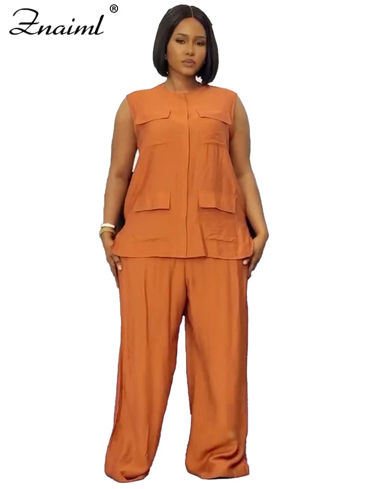 Znaiml Elegant Loose O-neck Sleeveless Pockets Bandage Top and Wide Leg Pants 2 Pieces Sets Women Casual Streetwear Outfits y2k