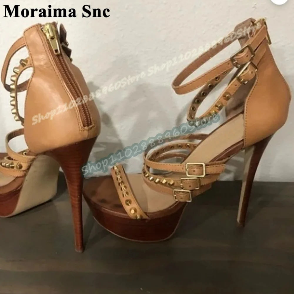 Khaki Rivet Buckle Strappy Platform Sandals For Women