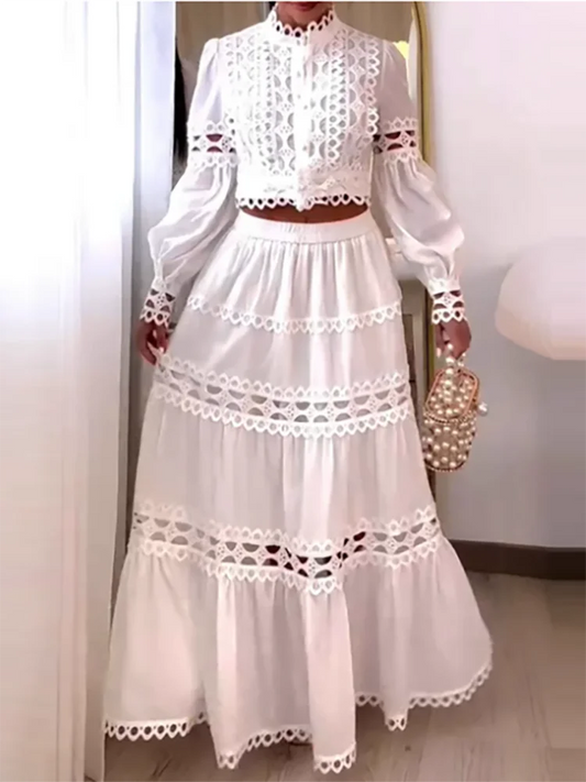 Lace Design Loose Party Suit Women Casual O-neck Long Sleeve Top & Long Skirt 2 Piece Set Sexy Hollow Out Pleated Holiday Outfit