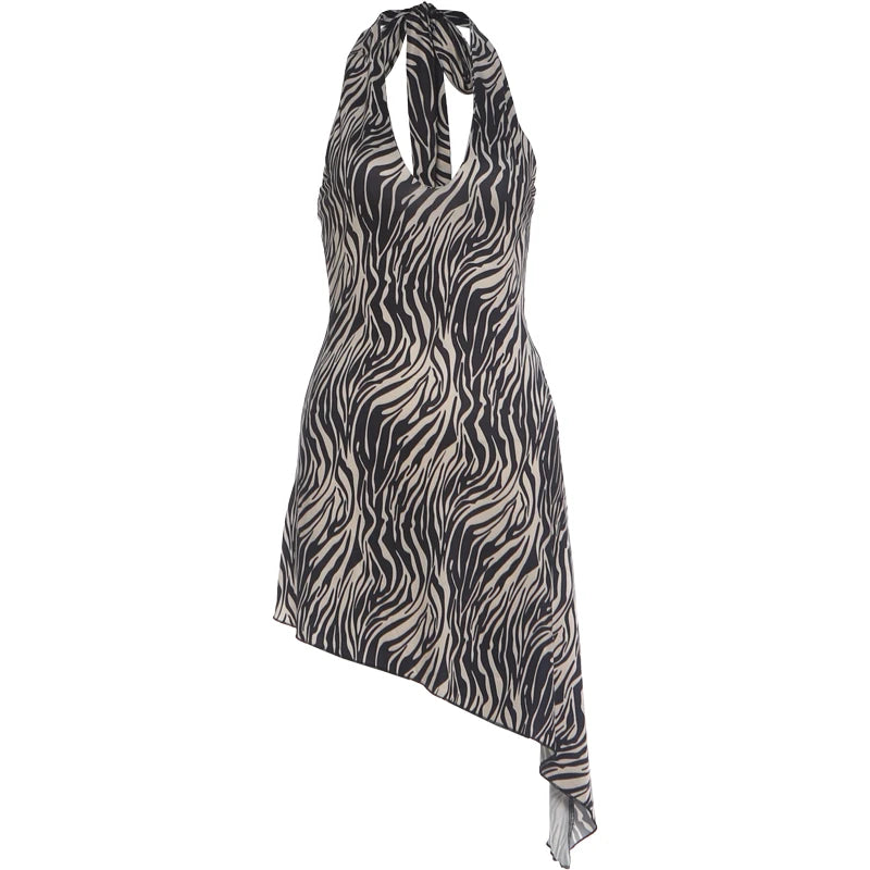 Zebra Striped Bandage Halter Backless Mini Bodycon Dress for Women
