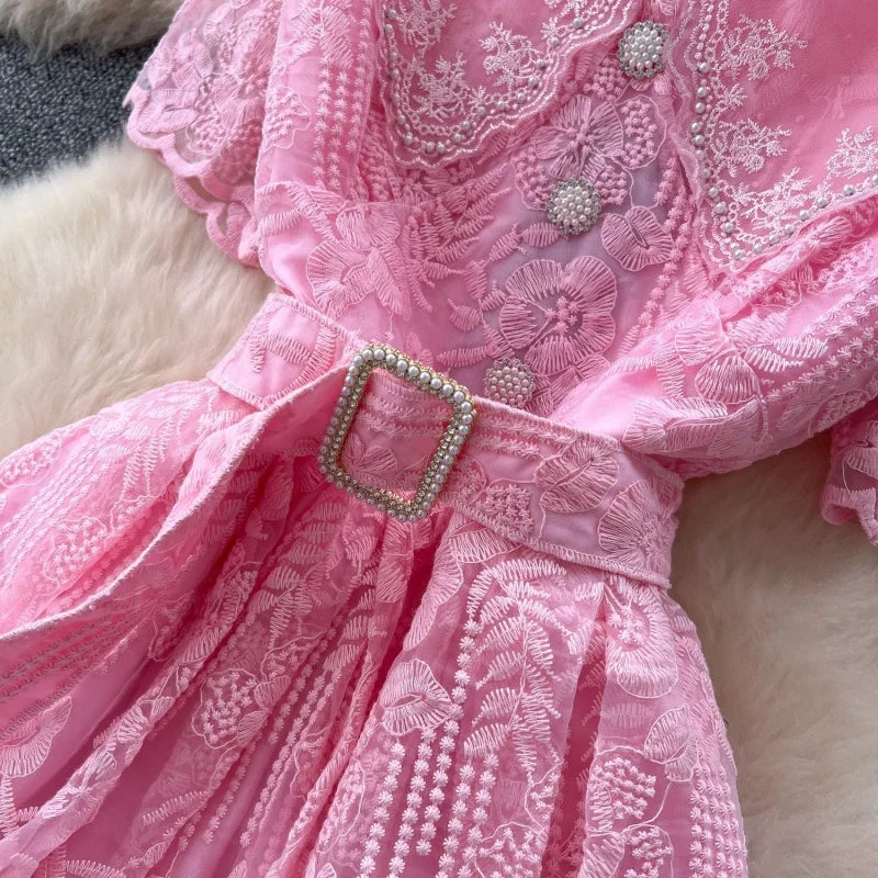 Elegant Lace Embroidery A Line Midi Dress for Women