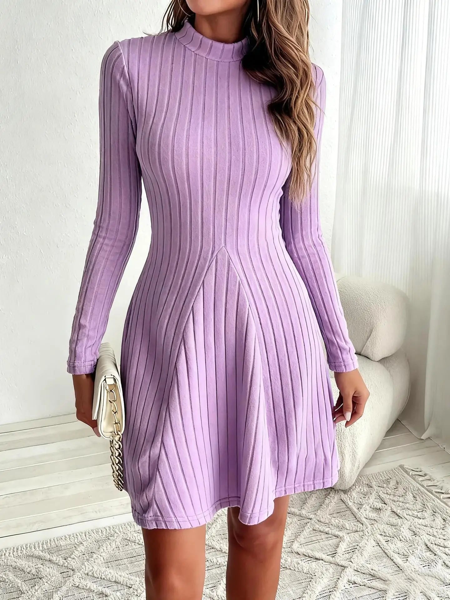 2026 New European and American Women's Slim Fit Half-Turtleneck Waist-Cinch A-Line Ribbed Long-Sleeve Dress