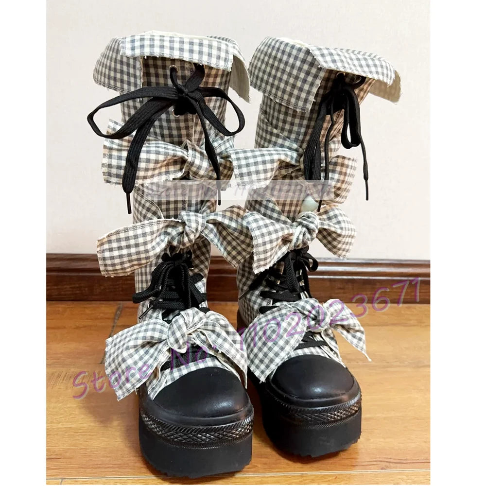Bowknots Thick-sole Long Canvas Shoes Women Trendy Round Toe Cool Plaid Shoes Girl's Lolita Sweet Lace-up Platform Tall Boots