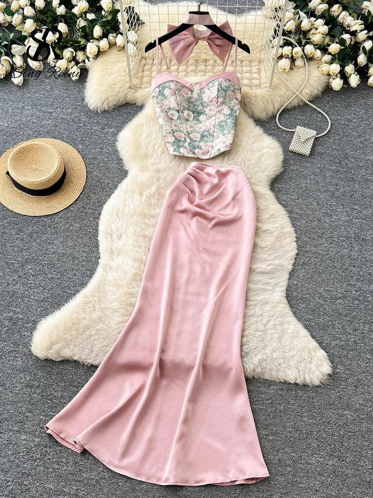 Bow Floral Satin Cami And Mermaid Skirt Set for Women